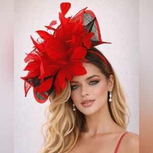 Kentucky Derby Chic Red Feather Fascinator Statement Hat Louisville U of L